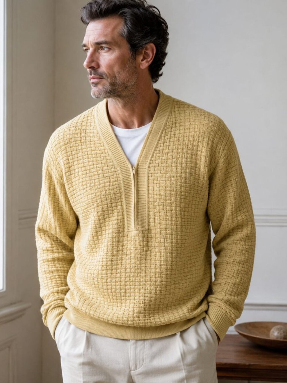 Giorgio Armani Men's V-Neck Sweater in Mustard Yellow